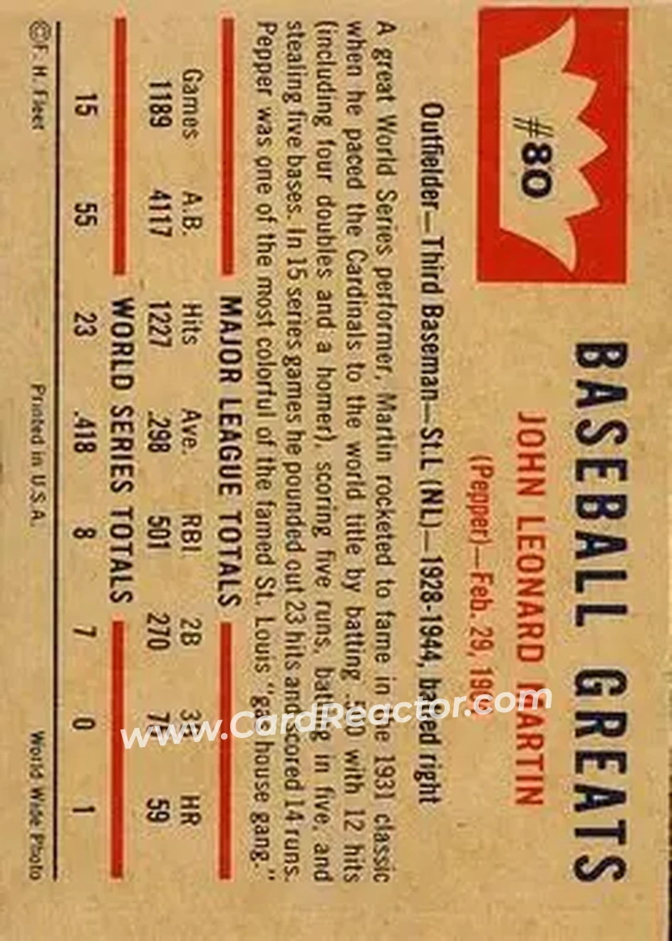 1960 Fleer Baseball Greats #80 - Lefty Grove - Pepper Martin SP, VAR - Boston Red Sox - Boston Red Sox - Back