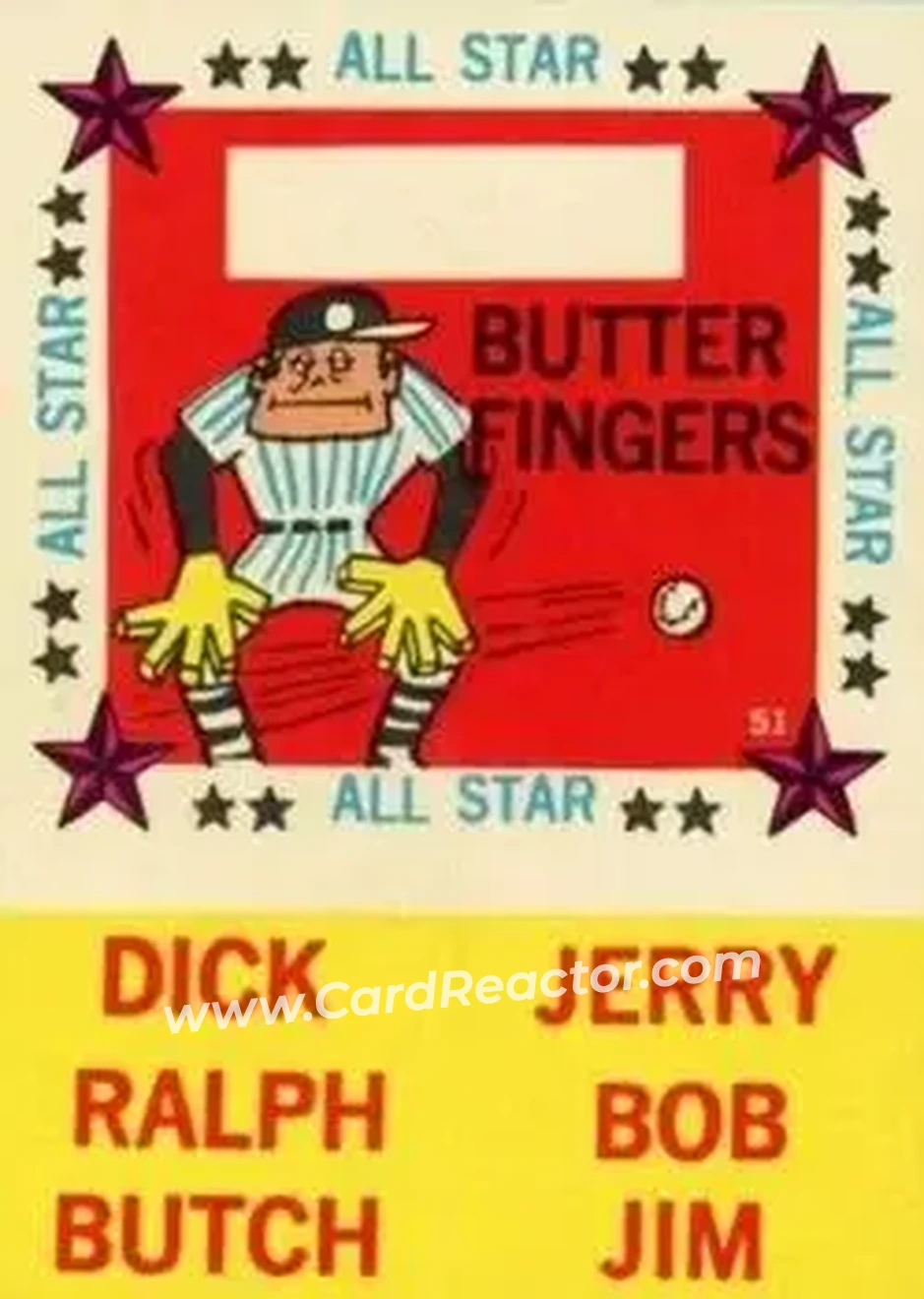 1960 Fleer Baseball Greats - All-Star Stickers #51 - Butter Fingers - Front