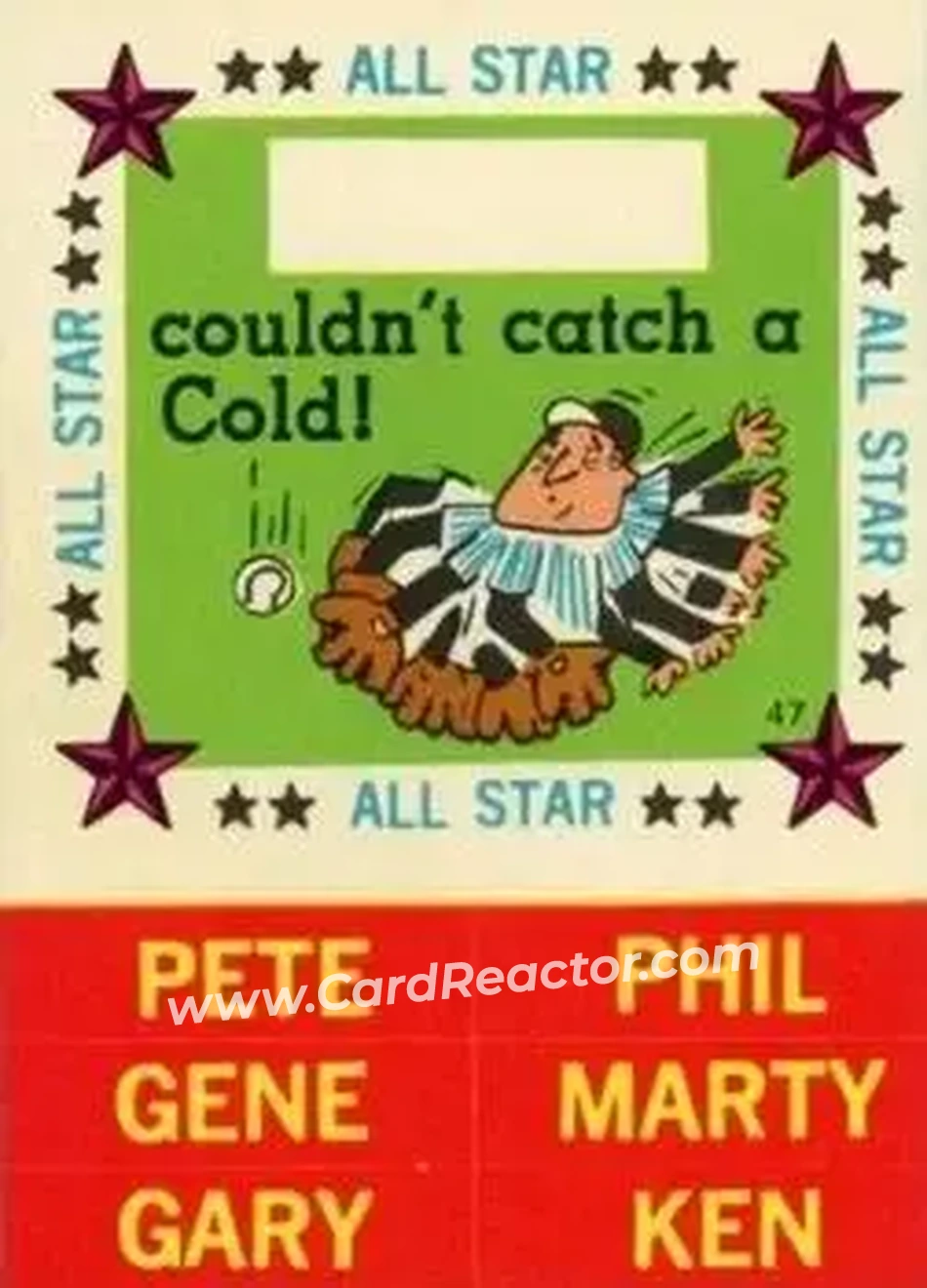 1960 Fleer Baseball Greats - All-Star Stickers #47 - Couldn't Catch a Cold - Front 1960 Fleer Baseball Greats - All-Star Stickers #47 - Couldn't Catch a Cold - Front