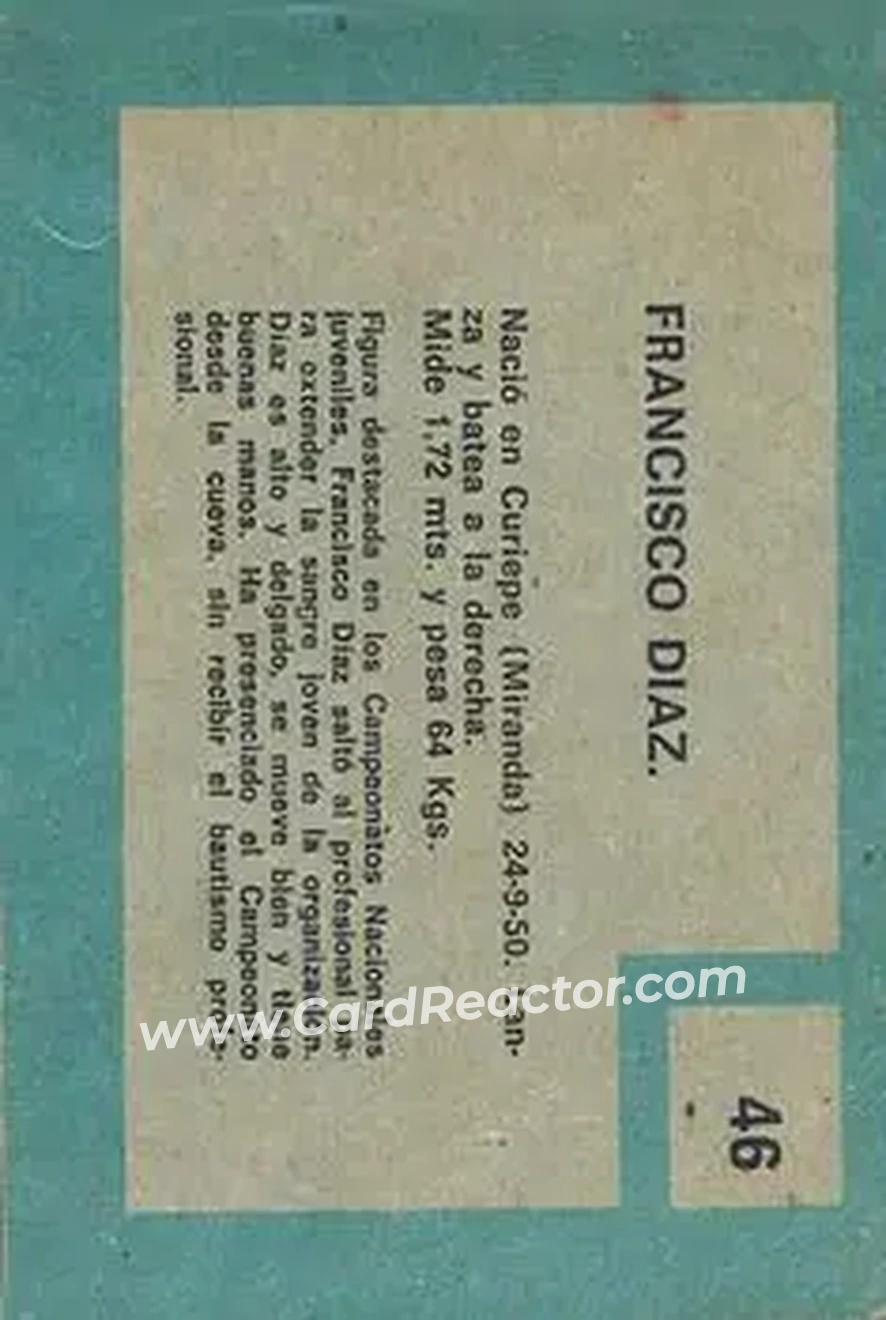 1967 Topps Venezuelan #46 - Francisco Diaz - Navegantes del Magallanes - Back