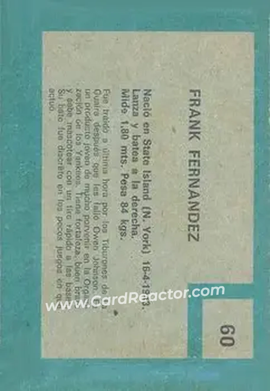 1967 Topps Venezuelan #60 - Frank Fernandez - Tiburones de la Guaira - Back