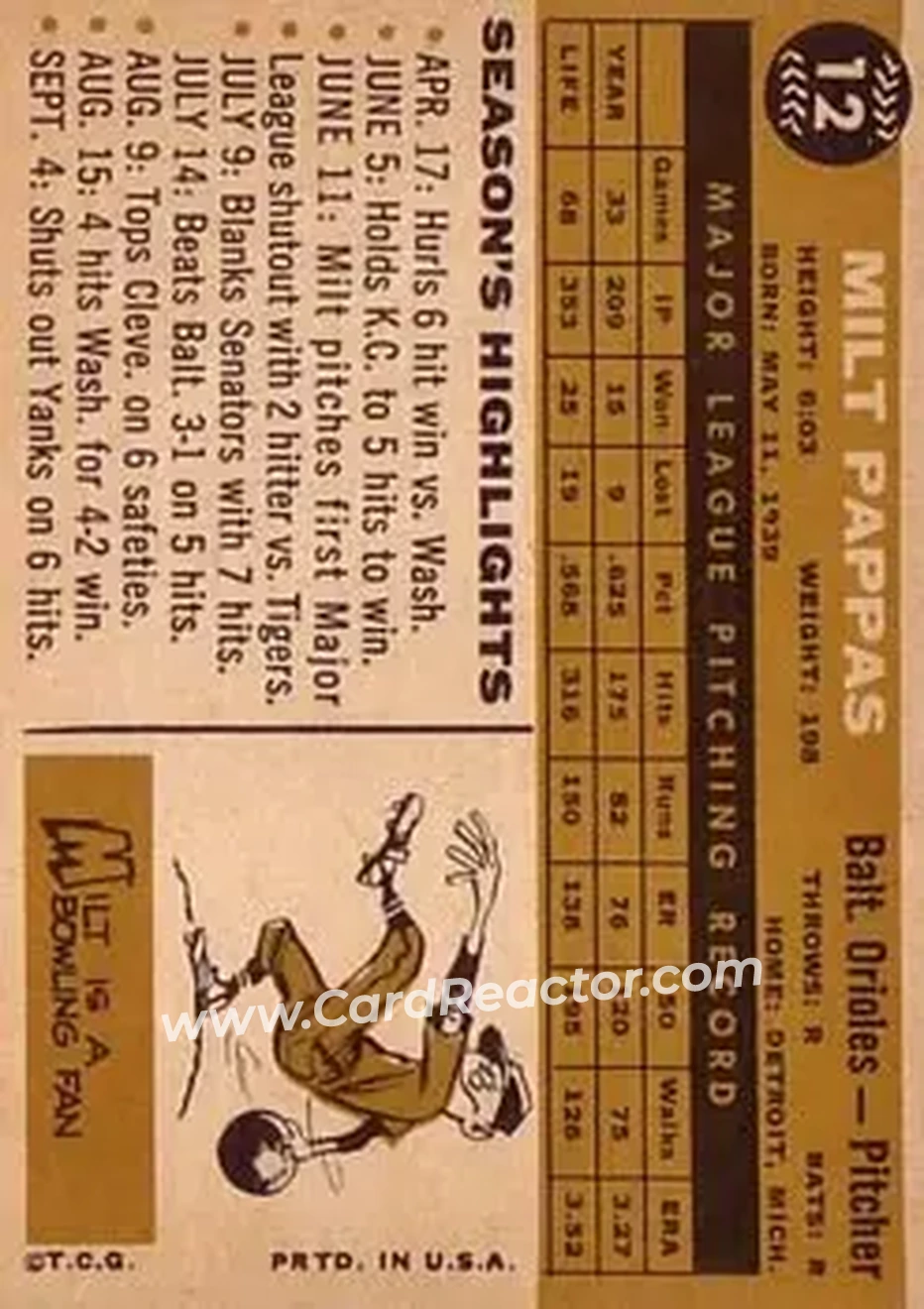 1960 Topps #12 - Milt Pappas - Baltimore Orioles - Back