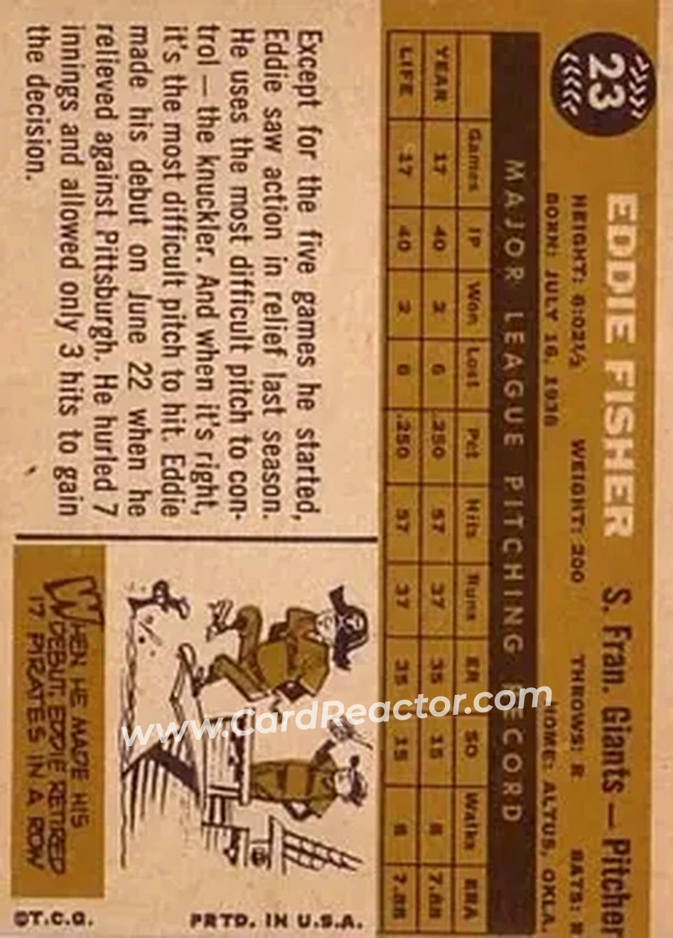 1960 Topps #23 - Eddie Fisher - San Francisco Giants - Back