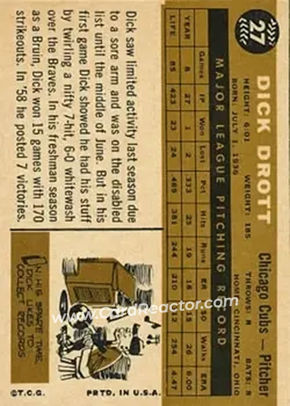 1960 Topps #27 - Dick Drott - Chicago Cubs - Back 1960 Topps #27 - Dick Drott - Chicago Cubs - Back