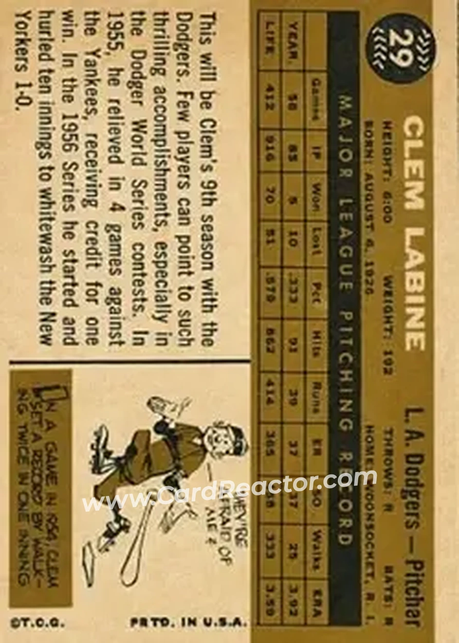 1960 Topps #29 - Clem Labine - Los Angeles Dodgers - Back 1960 Topps #29 - Clem Labine - Los Angeles Dodgers - Back