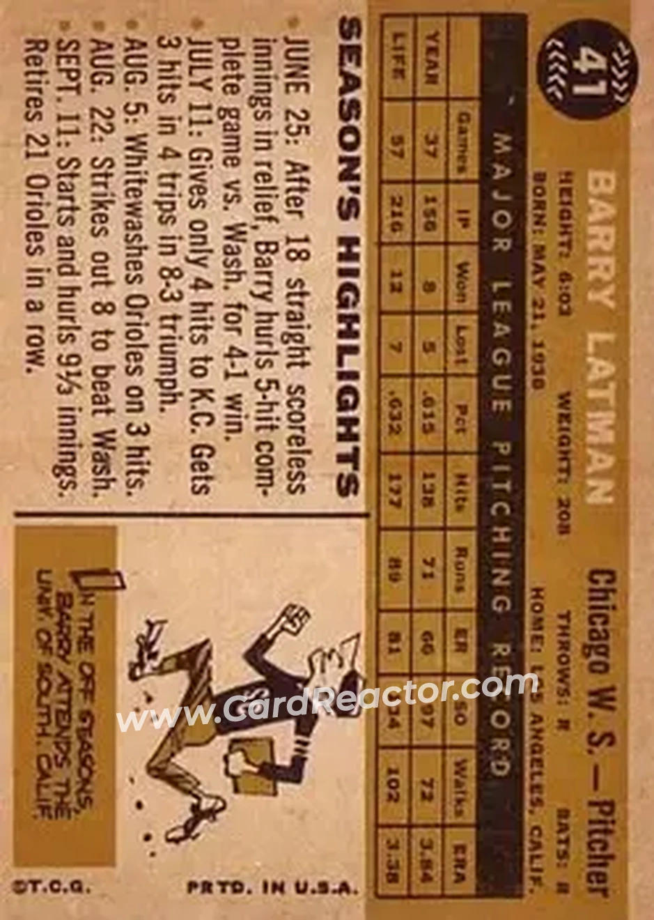 1960 Topps #41 - Barry Latman - Chicago White Sox - Back