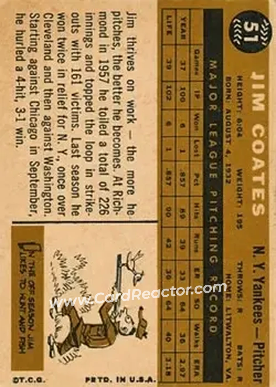 1960 Topps #51 - Jim Coates - New York Yankees - Back 1960 Topps #51 - Jim Coates - New York Yankees - Back