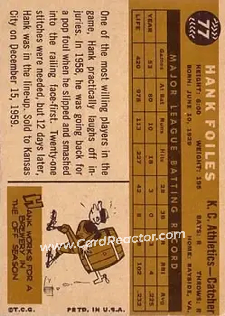 1960 Topps #77 - Hank Foiles - Kansas City Athletics - Back 1960 Topps #77 - Hank Foiles - Kansas City Athletics - Back
