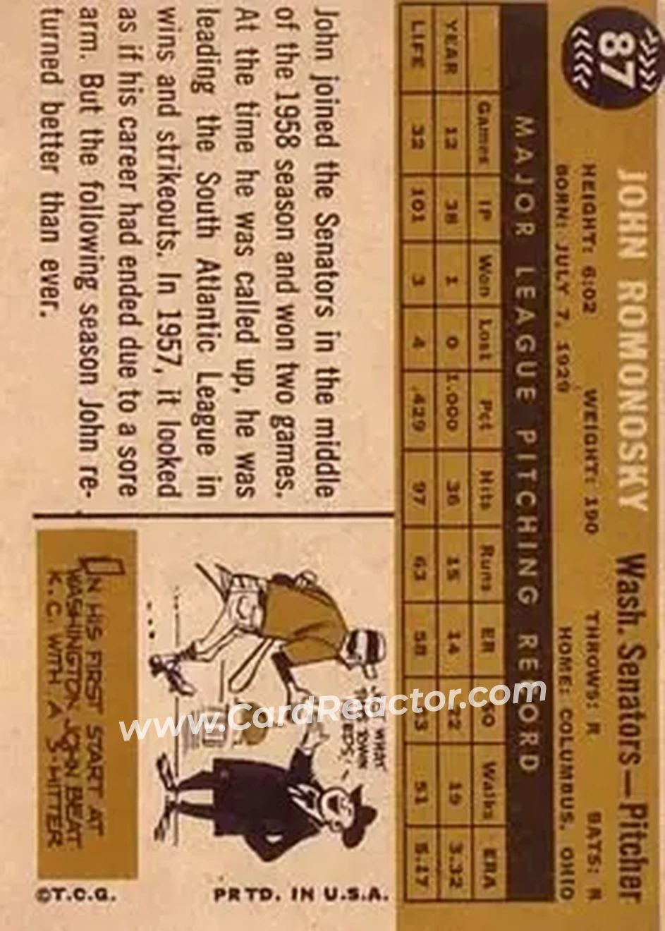 1960 Topps #87 - John Romonosky - Washington Senators - Back 1960 Topps #87 - John Romonosky - Washington Senators - Back