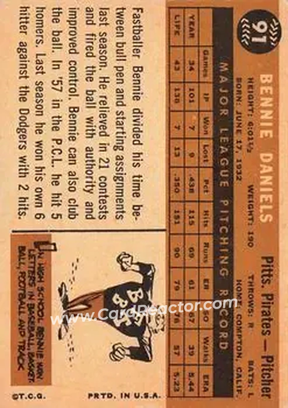1960 Topps #91 - Bennie Daniels - Pittsburgh Pirates - Back