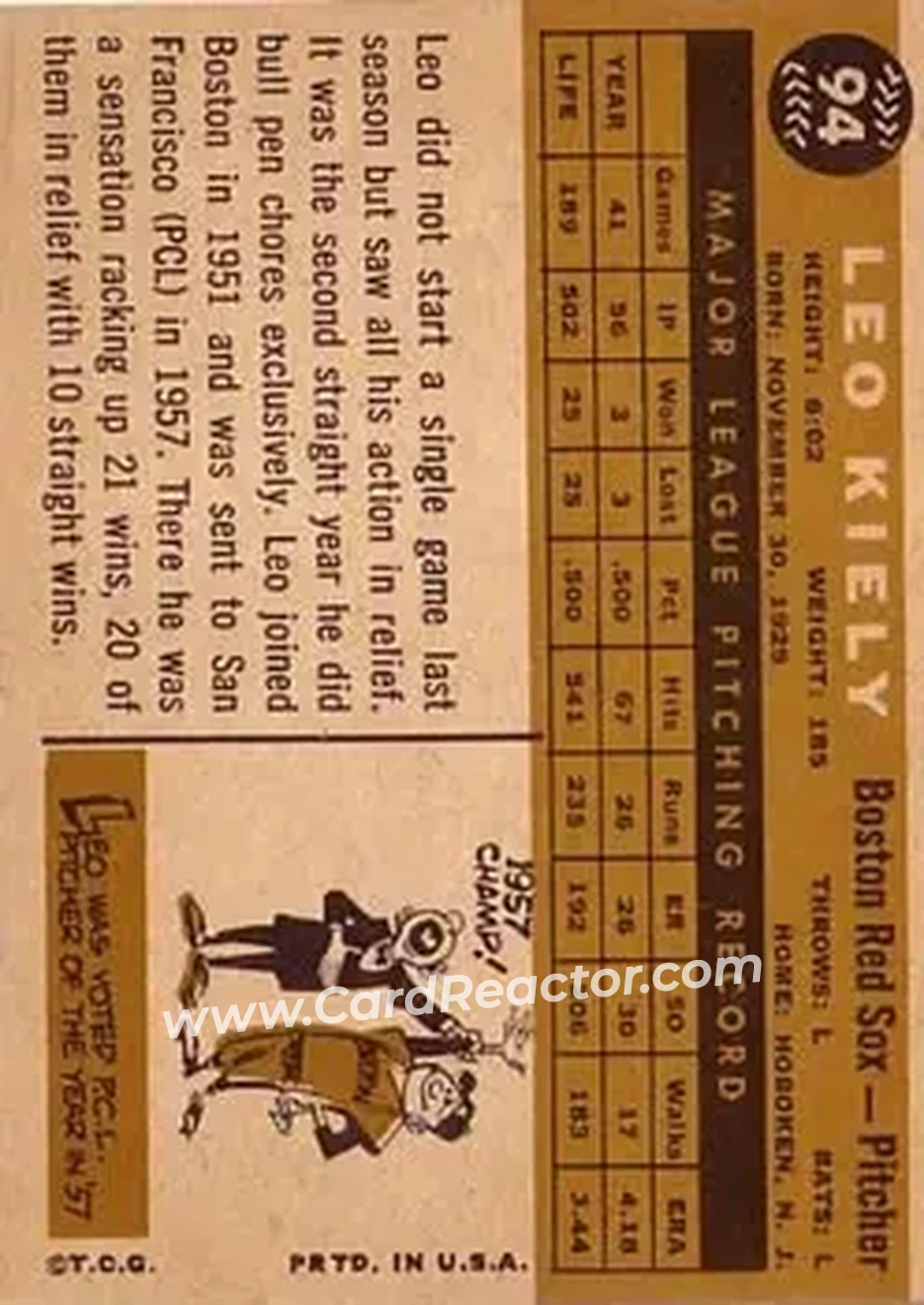 1960 Topps #94 - Leo Kiely - Boston Red Sox - Back