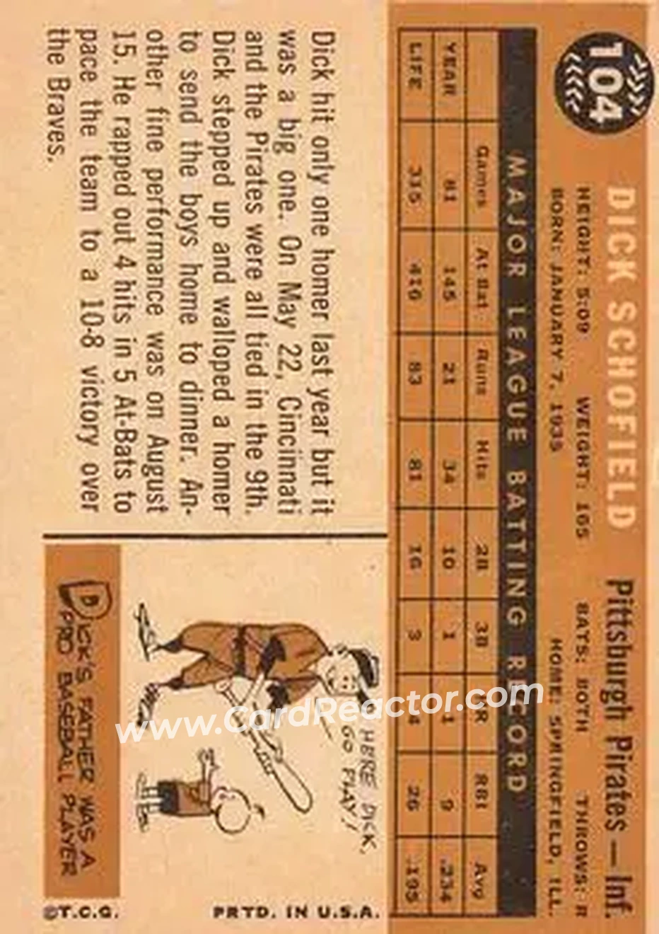 1960 Topps #104 - Dick Schofield - Pittsburgh Pirates - Back