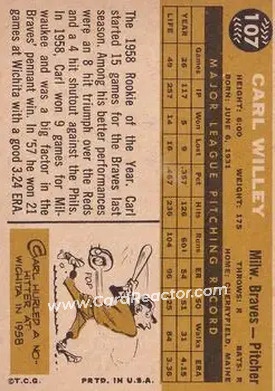 1960 Topps #107 - Carlton Willey - Milwaukee Braves - Back