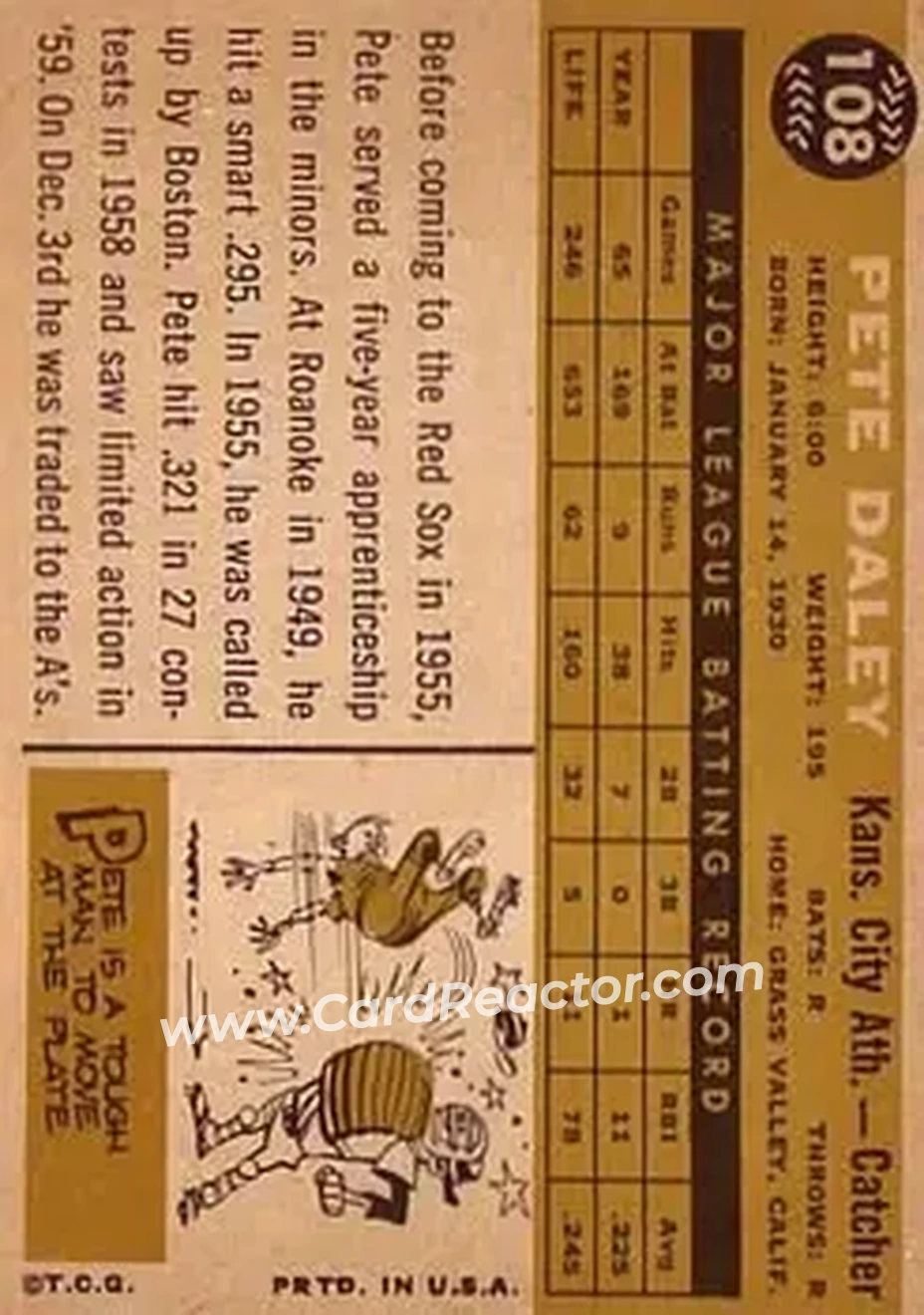 1960 Topps #108 - Pete Daley - Kansas City Athletics - Back