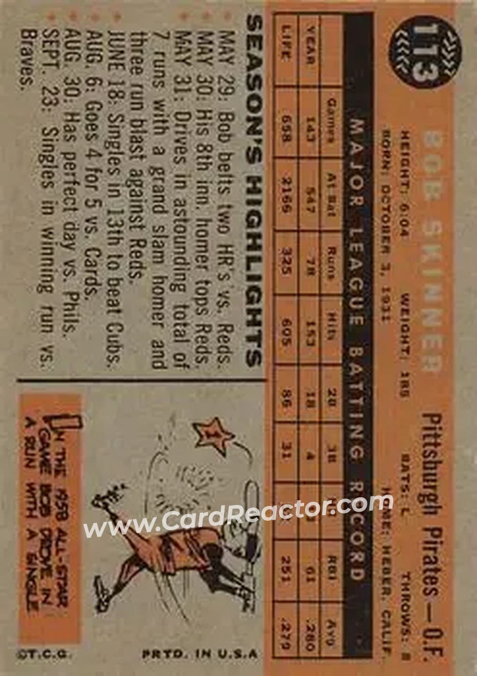 1960 Topps #113 - Bob Skinner - Pittsburgh Pirates - Back