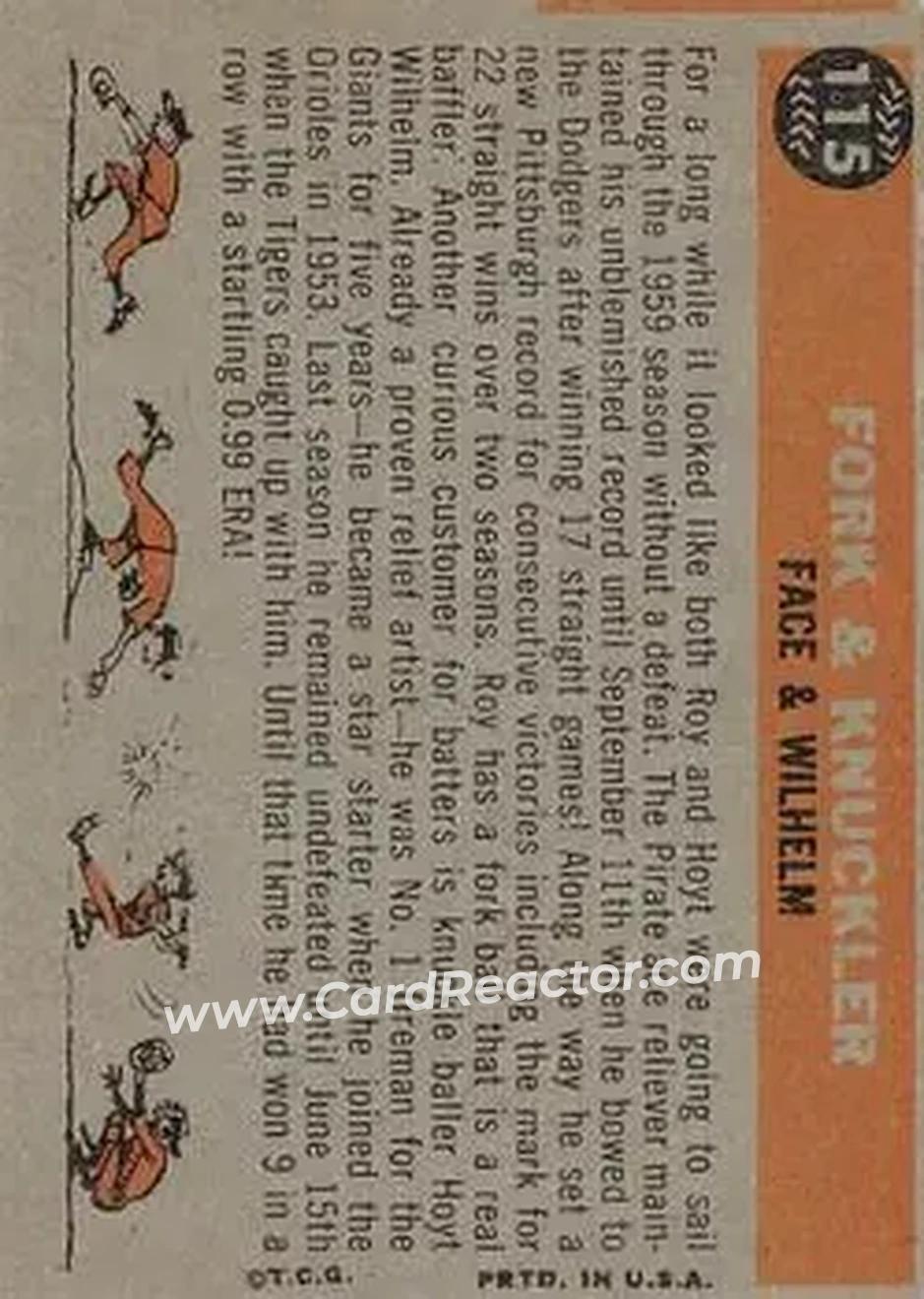 1960 Topps #115 - Fork & Knuckler (Roy Face - Hoyt Wilhelm) CPC - Pittsburgh Pirates - Baltimore Orioles - Back 1960 Topps #115 - Fork & Knuckler (Roy Face - Hoyt Wilhelm) CPC - Pittsburgh Pirates - Baltimore Orioles - Back