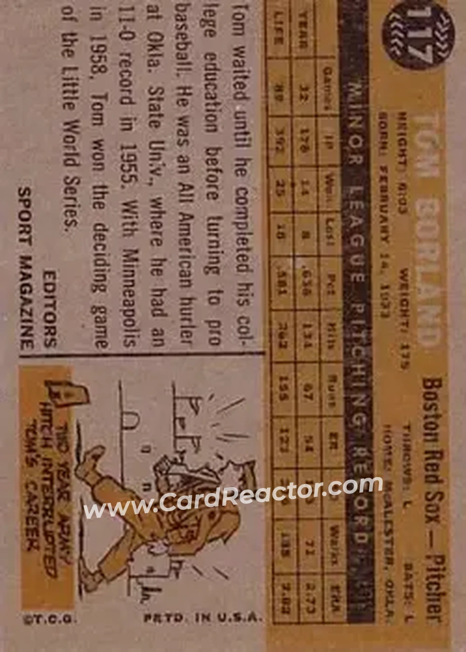 1960 Topps #117 - Tom Borland - Boston Red Sox - Back 1960 Topps #117 - Tom Borland - Boston Red Sox - Back