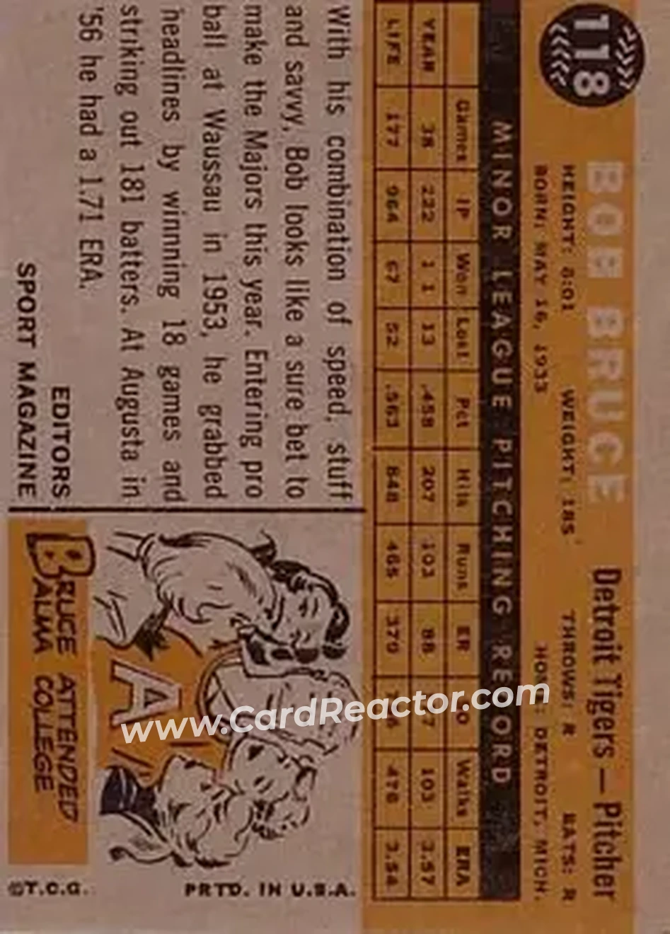 1960 Topps #118 - Bob Bruce - Detroit Tigers - Back 1960 Topps #118 - Bob Bruce - Detroit Tigers - Back