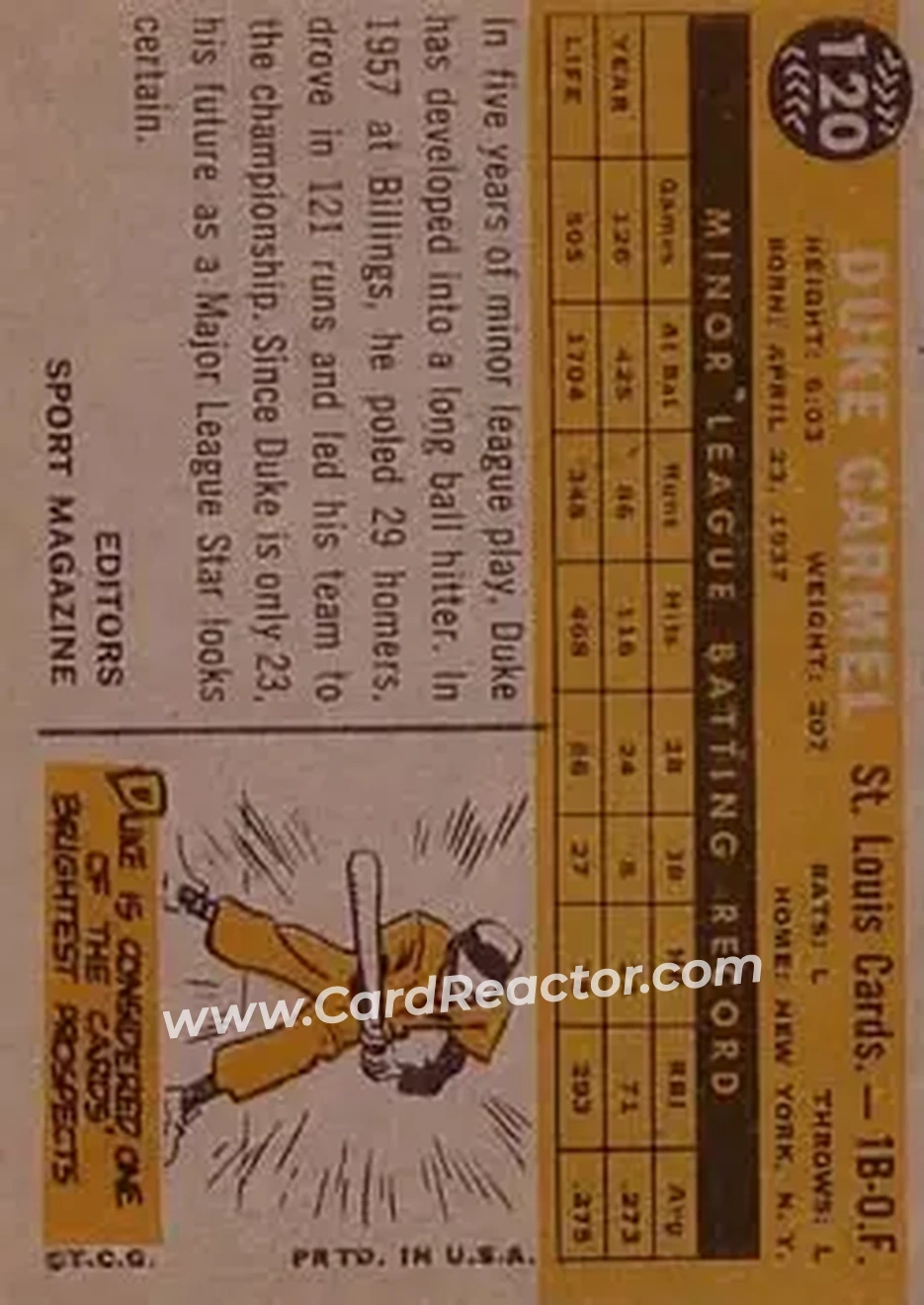 1960 Topps #120 - Duke Carmel - St. Louis Cardinals - Back 1960 Topps #120 - Duke Carmel - St. Louis Cardinals - Back