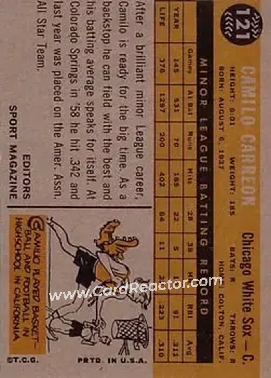 1960 Topps #121 - Camilo Carreon - Chicago White Sox - Back