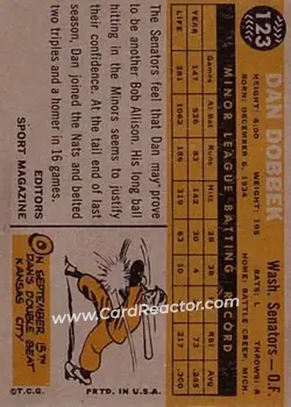 1960 Topps #123 - Dan Dobbek - Washington Senators - Back 1960 Topps #123 - Dan Dobbek - Washington Senators - Back