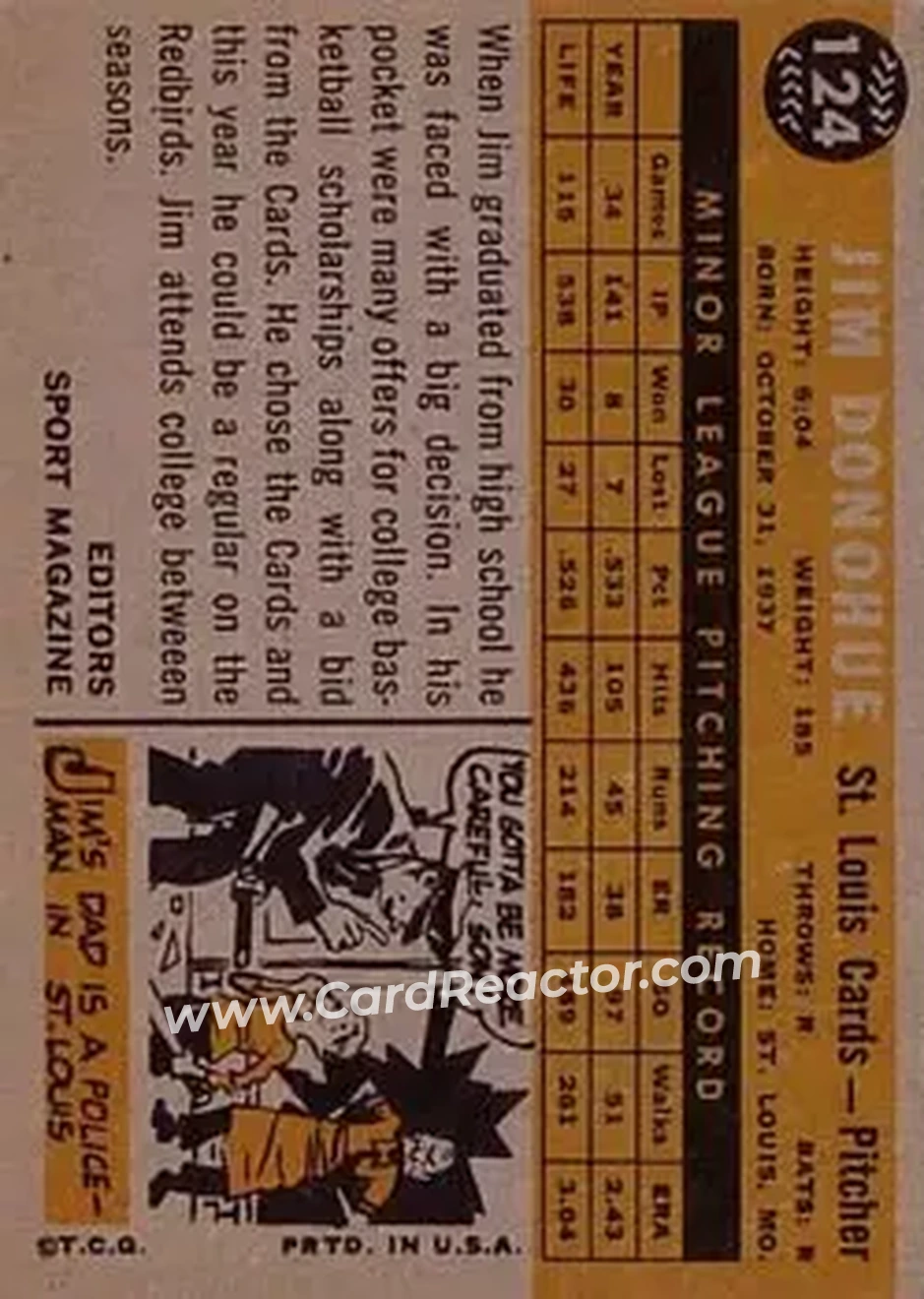 1960 Topps #124 - Jim Donohue - St. Louis Cardinals - Back 1960 Topps #124 - Jim Donohue - St. Louis Cardinals - Back