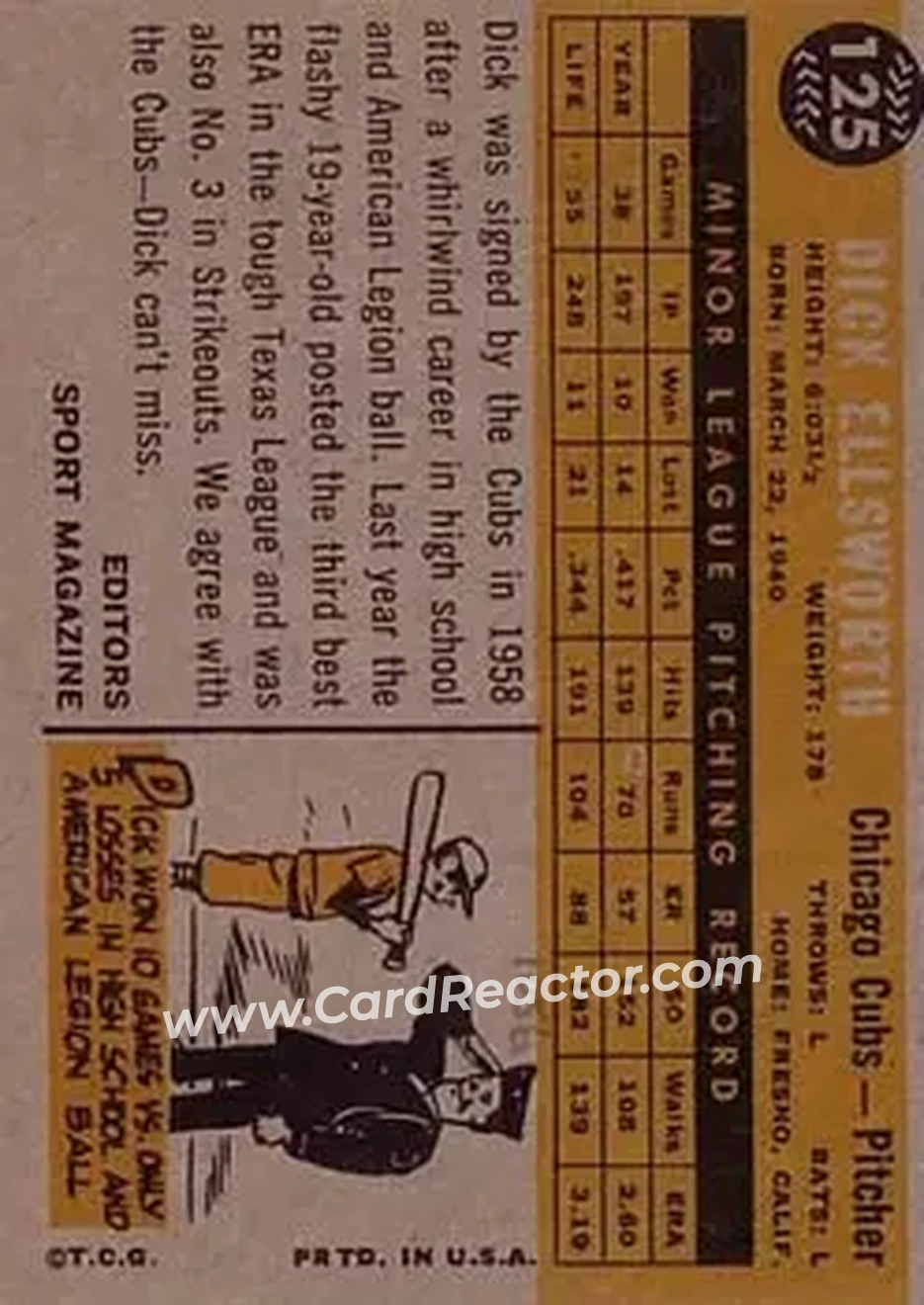 1960 Topps #125 - Dick Ellsworth - Chicago Cubs - Back