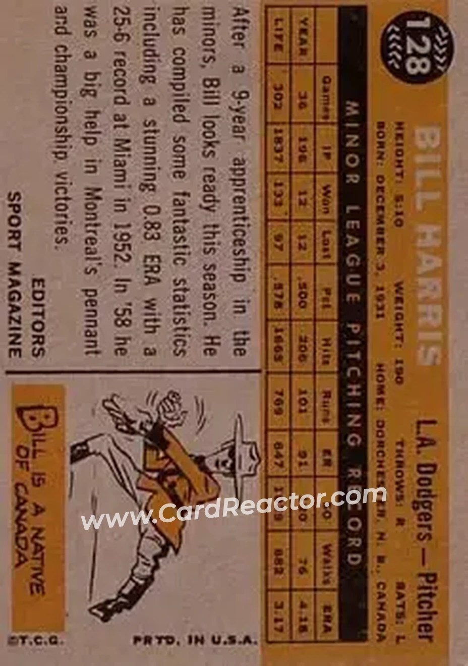 1960 Topps #128 - Bill Harris - Los Angeles Dodgers - Back 1960 Topps #128 - Bill Harris - Los Angeles Dodgers - Back