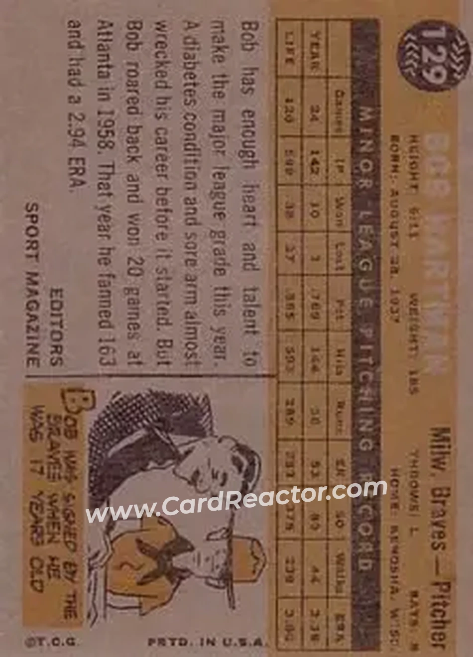 1960 Topps #129 - Bob Hartman - Milwaukee Braves - Back