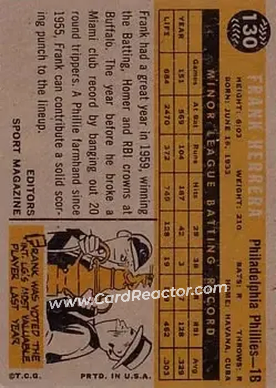 1960 Topps #130 - Pancho Herrera - Philadelphia Phillies - Back