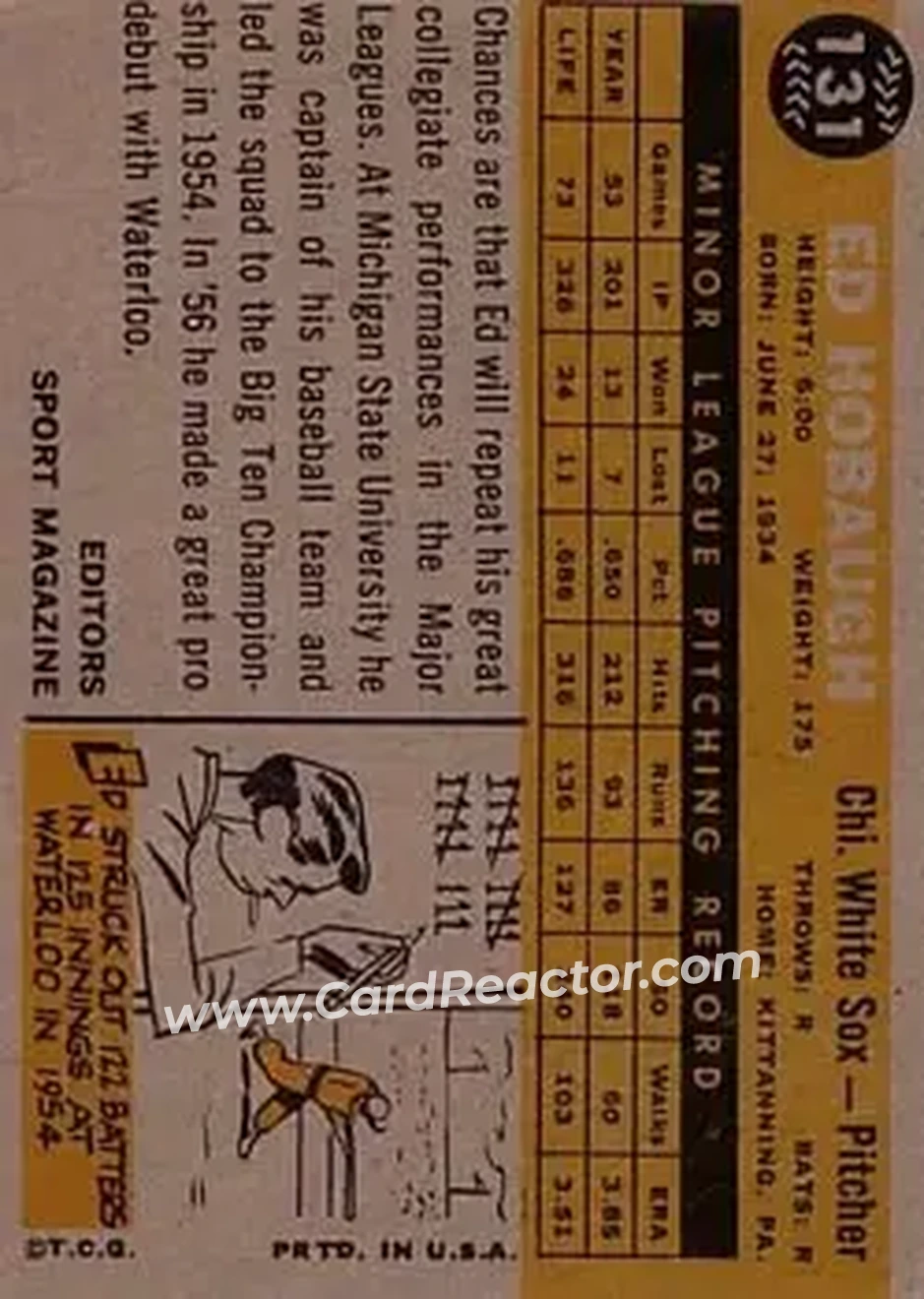 1960 Topps #131 - Ed Hobaugh - Chicago White Sox - Back