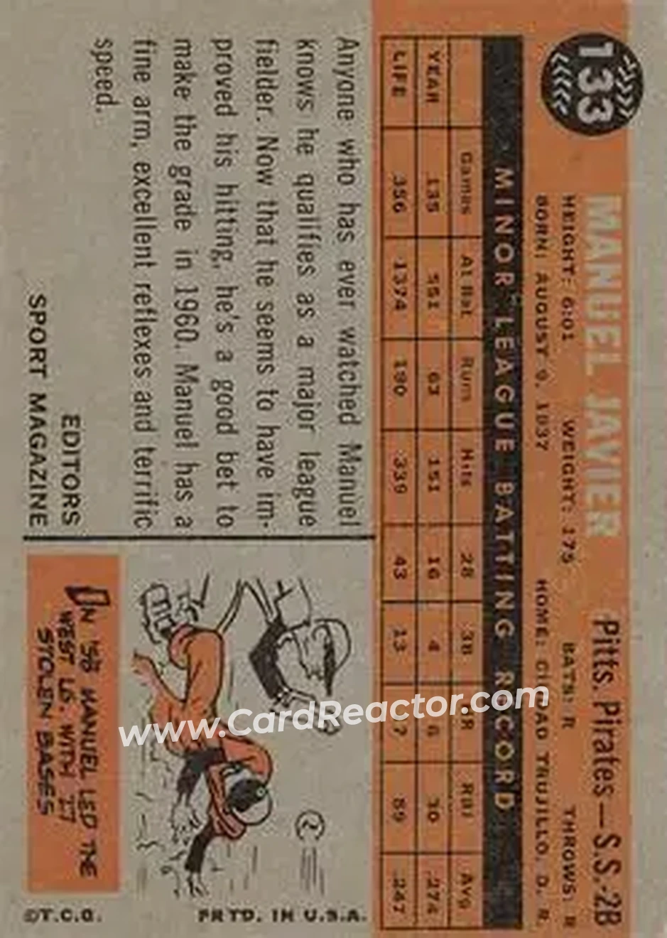 1960 Topps #133 - Julian Javier - Pittsburgh Pirates - Back 1960 Topps #133 - Julian Javier - Pittsburgh Pirates - Back