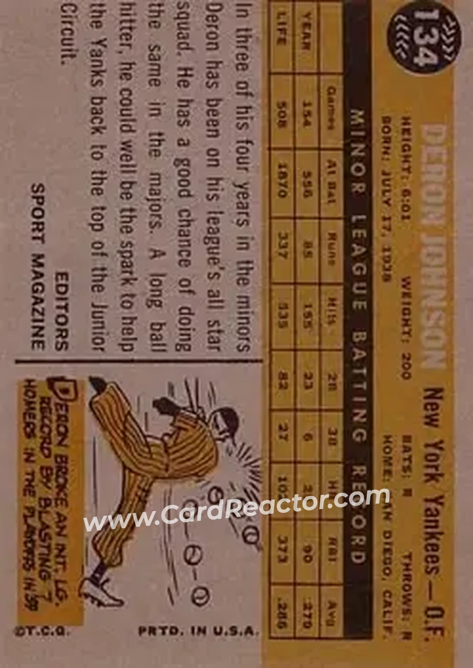 1960 Topps #134 - Deron Johnson - New York Yankees - Back