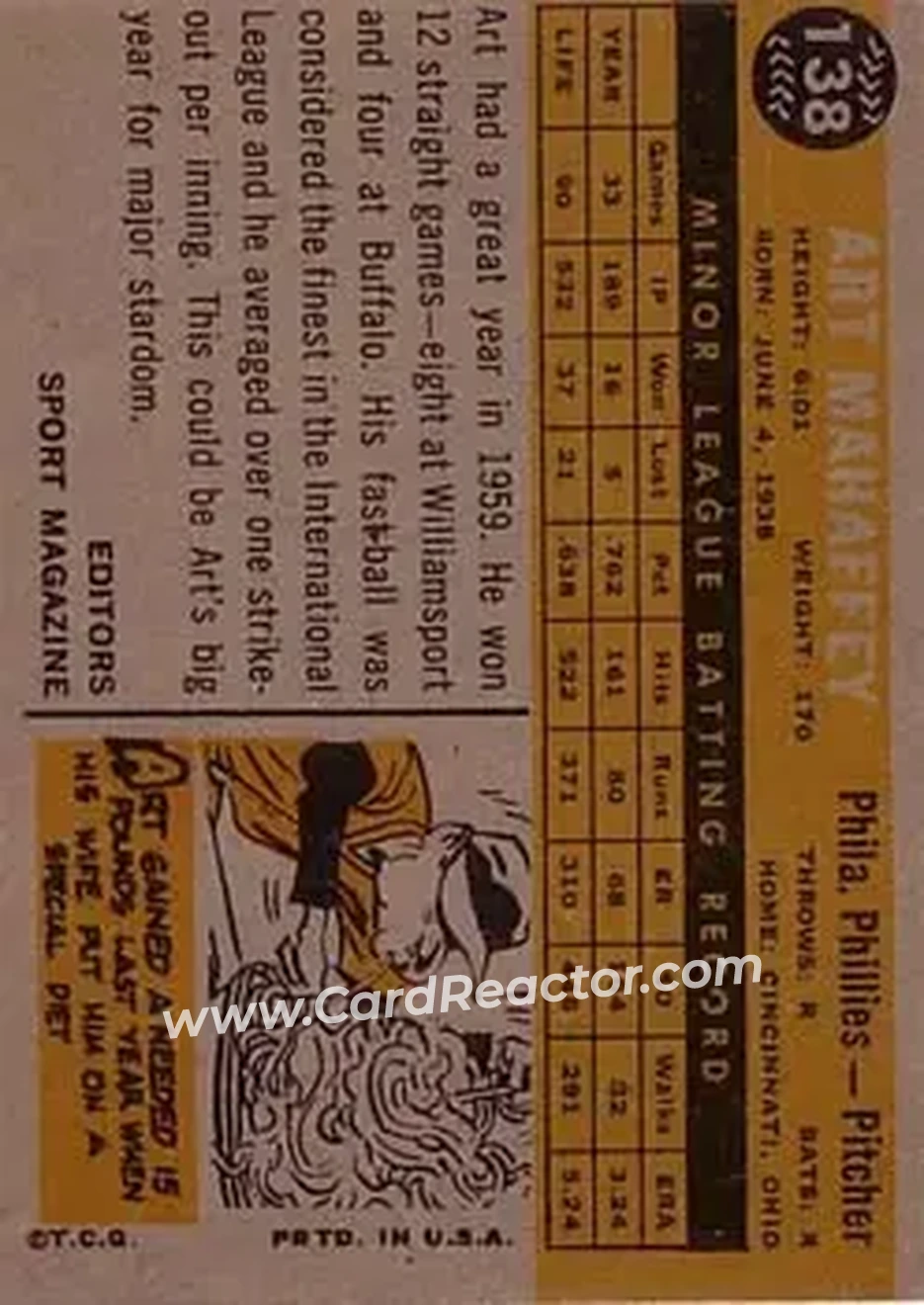 1960 Topps #138 - Art Mahaffey - Philadelphia Phillies - Back 1960 Topps #138 - Art Mahaffey - Philadelphia Phillies - Back