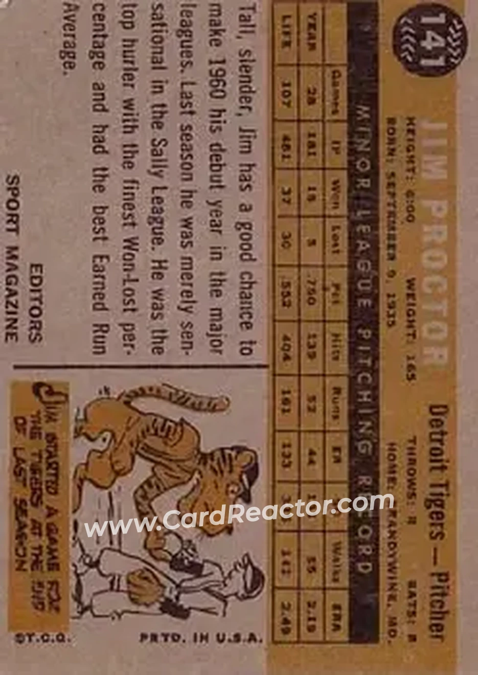 1960 Topps #141 - Jim Proctor - Detroit Tigers - Back 1960 Topps #141 - Jim Proctor - Detroit Tigers - Back