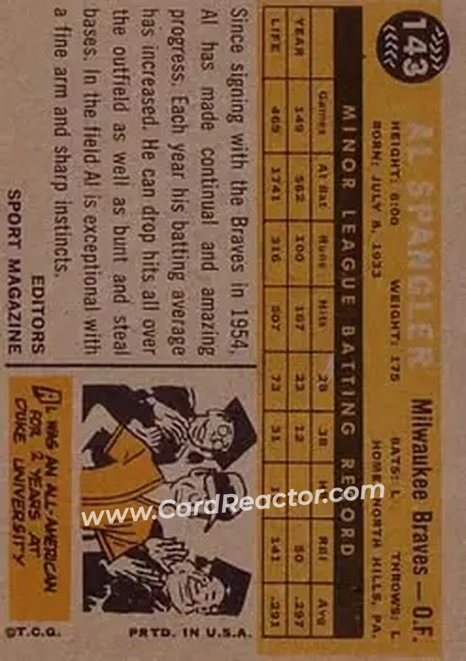 1960 Topps #143 - Al Spangler - Milwaukee Braves - Back