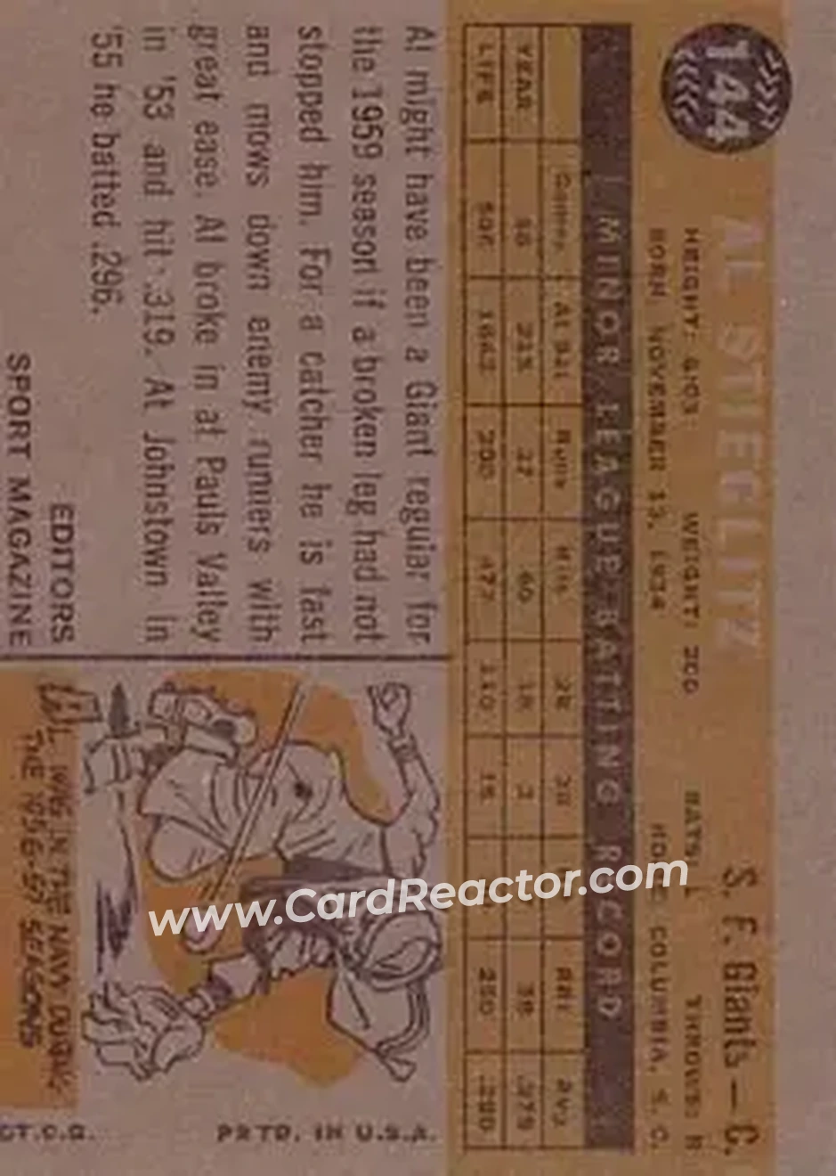 1960 Topps #144 - Al Stieglitz - San Francisco Giants - Back