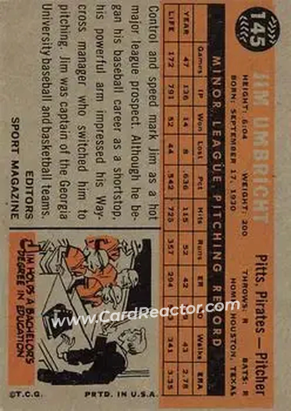 1960 Topps #145 - Jim Umbricht - Pittsburgh Pirates - Back