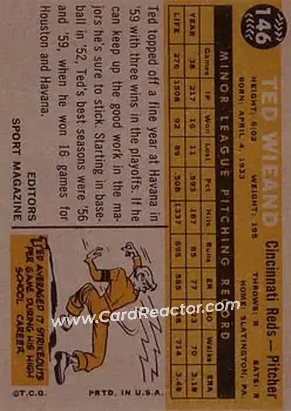 1960 Topps #146 - Ted Wieand - Cincinnati Reds - Back 1960 Topps #146 - Ted Wieand - Cincinnati Reds - Back