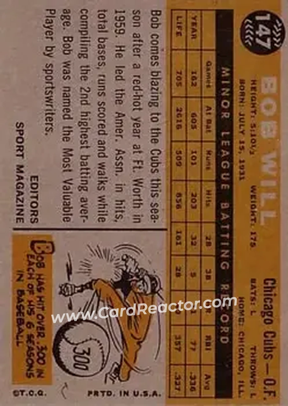 1960 Topps #147 - Bob Will - Chicago Cubs - Back
