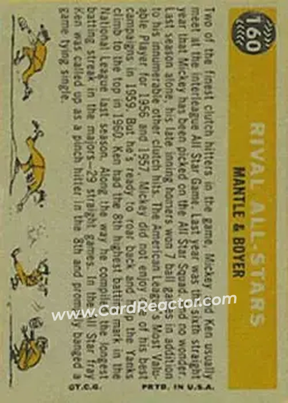 1960 Topps #160 - Rival All Stars (Mickey Mantle - Ken Boyer) CPC - New York Yankees - St. Louis Cardinals - Back 1960 Topps #160 - Rival All Stars (Mickey Mantle - Ken Boyer) CPC - New York Yankees - St. Louis Cardinals - Back