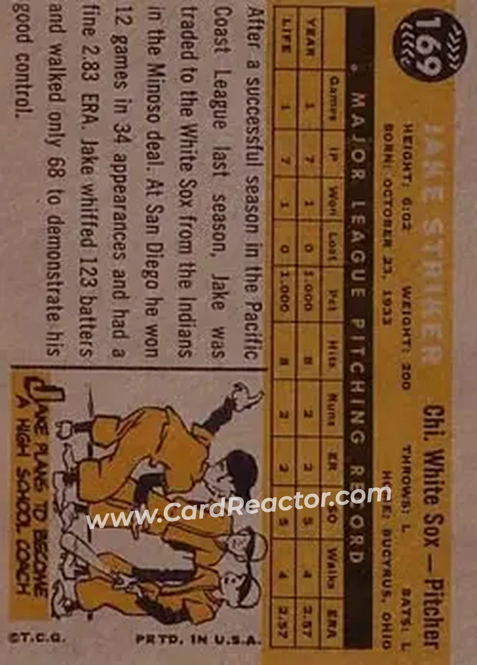 1960 Topps #169 - Jake Striker - Chicago White Sox - Back