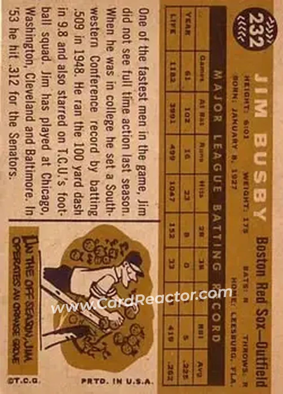 1960 Topps #232 - Jim Busby - Boston Red Sox - Back 1960 Topps #232 - Jim Busby - Boston Red Sox - Back