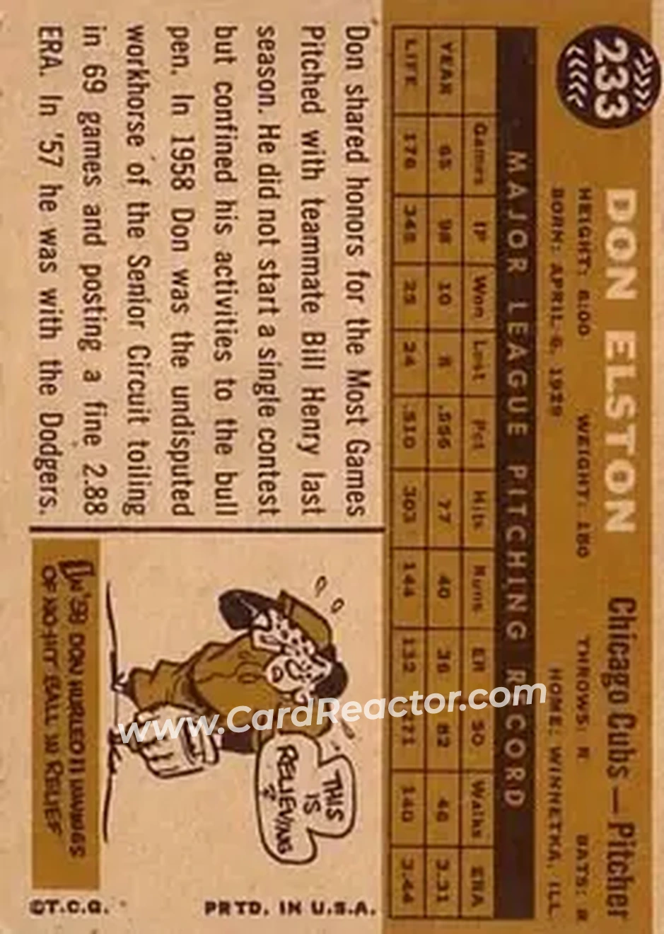 1960 Topps #233 - Don Elston - Chicago Cubs - Back
