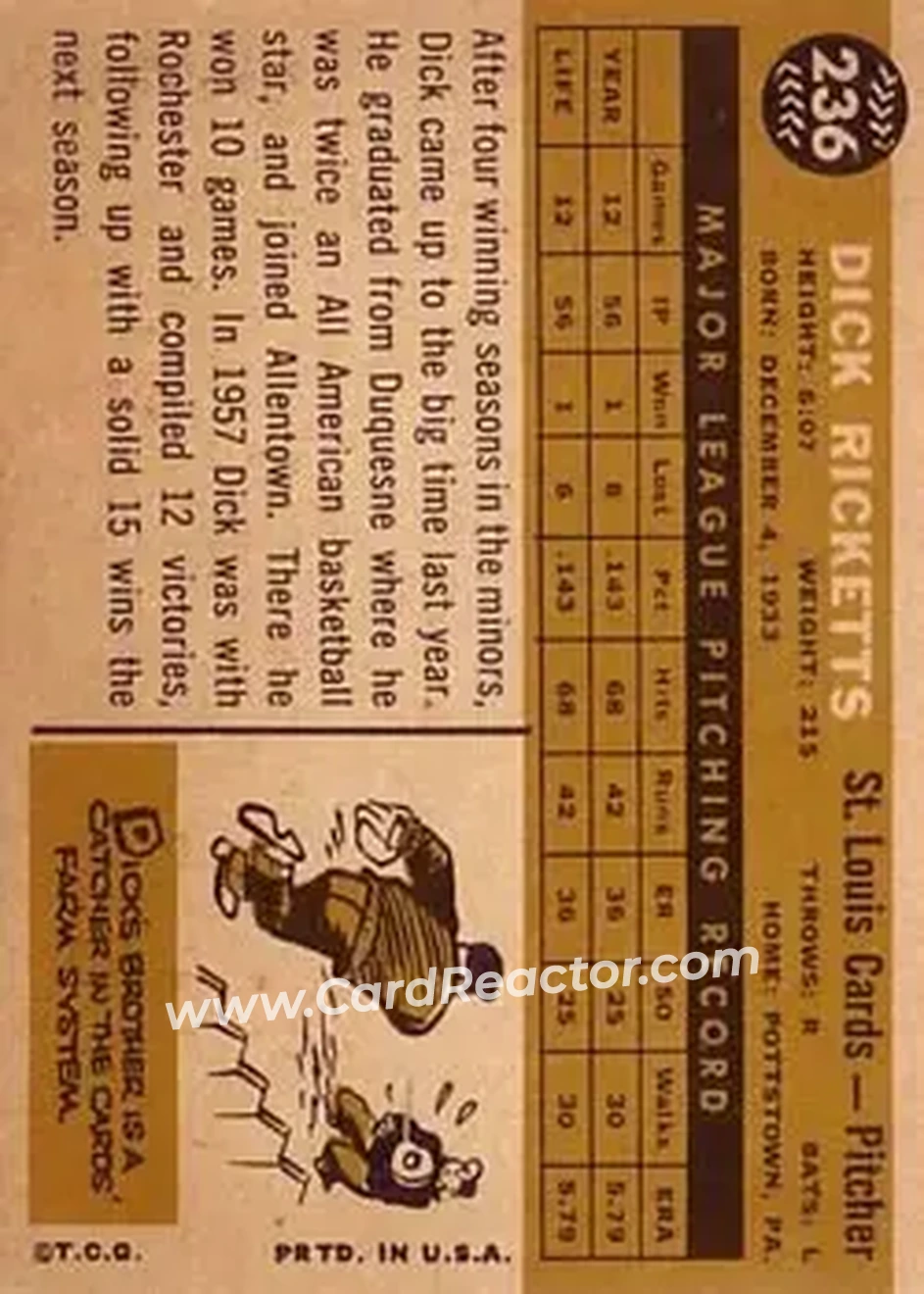 1960 Topps #236 - Dick Ricketts - St. Louis Cardinals - Back
