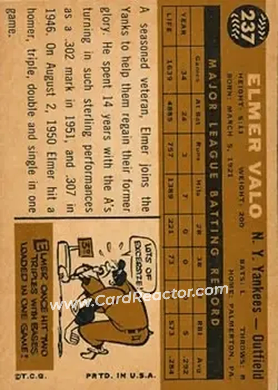 1960 Topps #237 - Elmer Valo - New York Yankees - Back 1960 Topps #237 - Elmer Valo - New York Yankees - Back