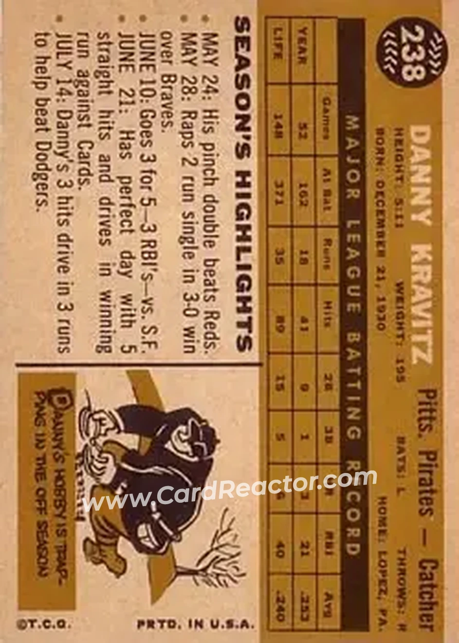 1960 Topps #238 - Danny Kravitz - Pittsburgh Pirates - Back
