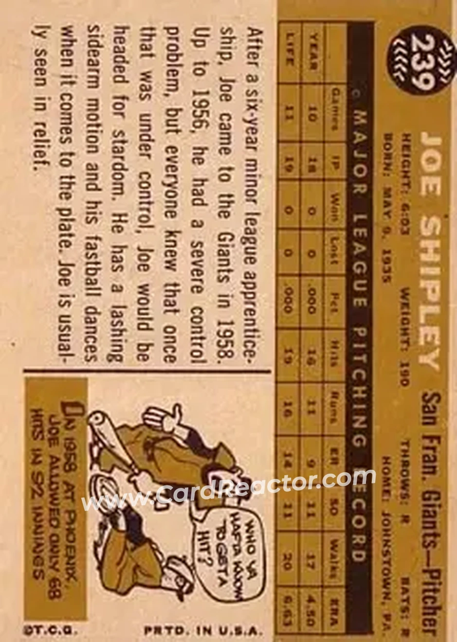 1960 Topps #239 - Joe Shipley - San Francisco Giants - Back