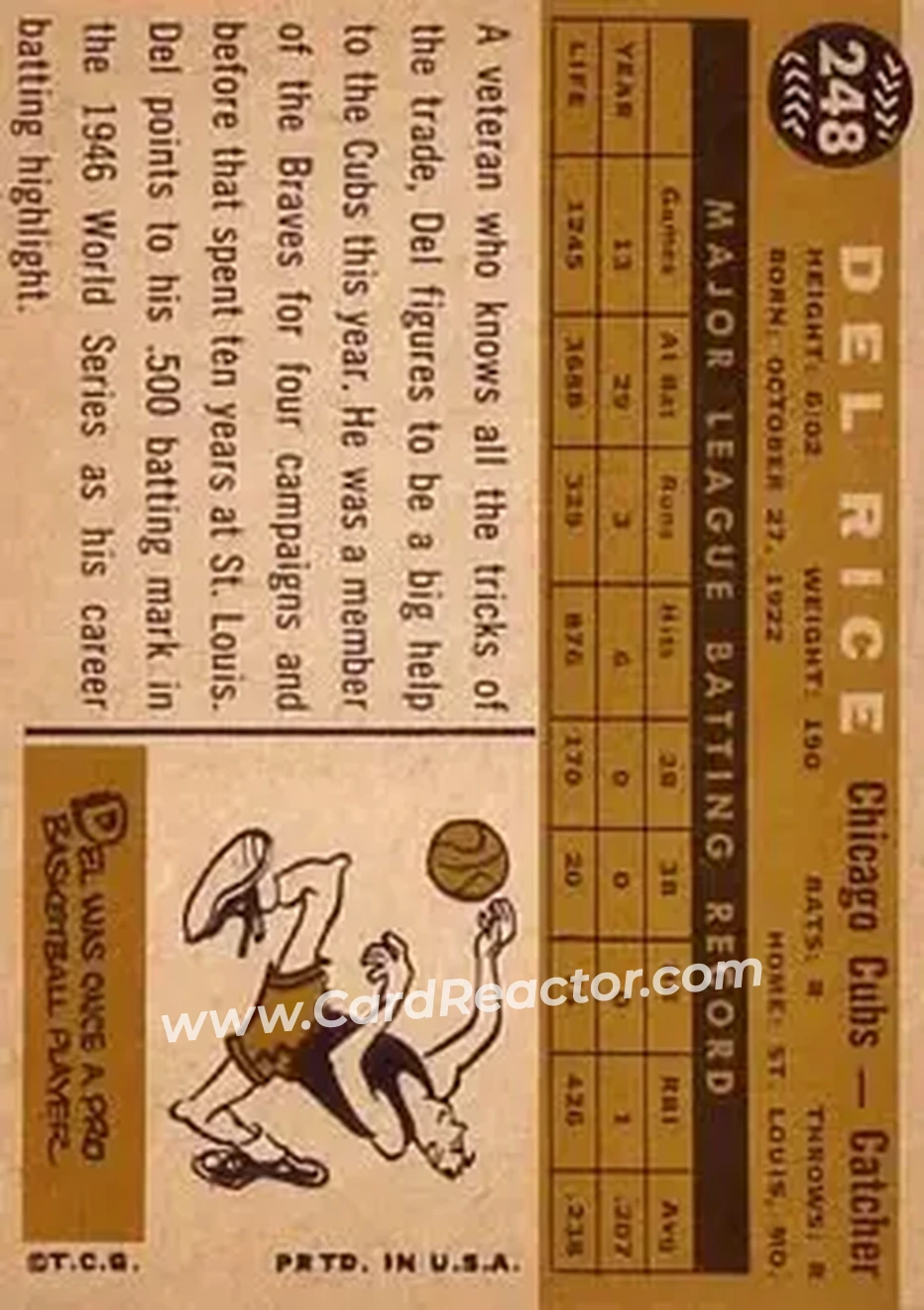 1960 Topps #248 - Del Rice - Chicago Cubs - Back