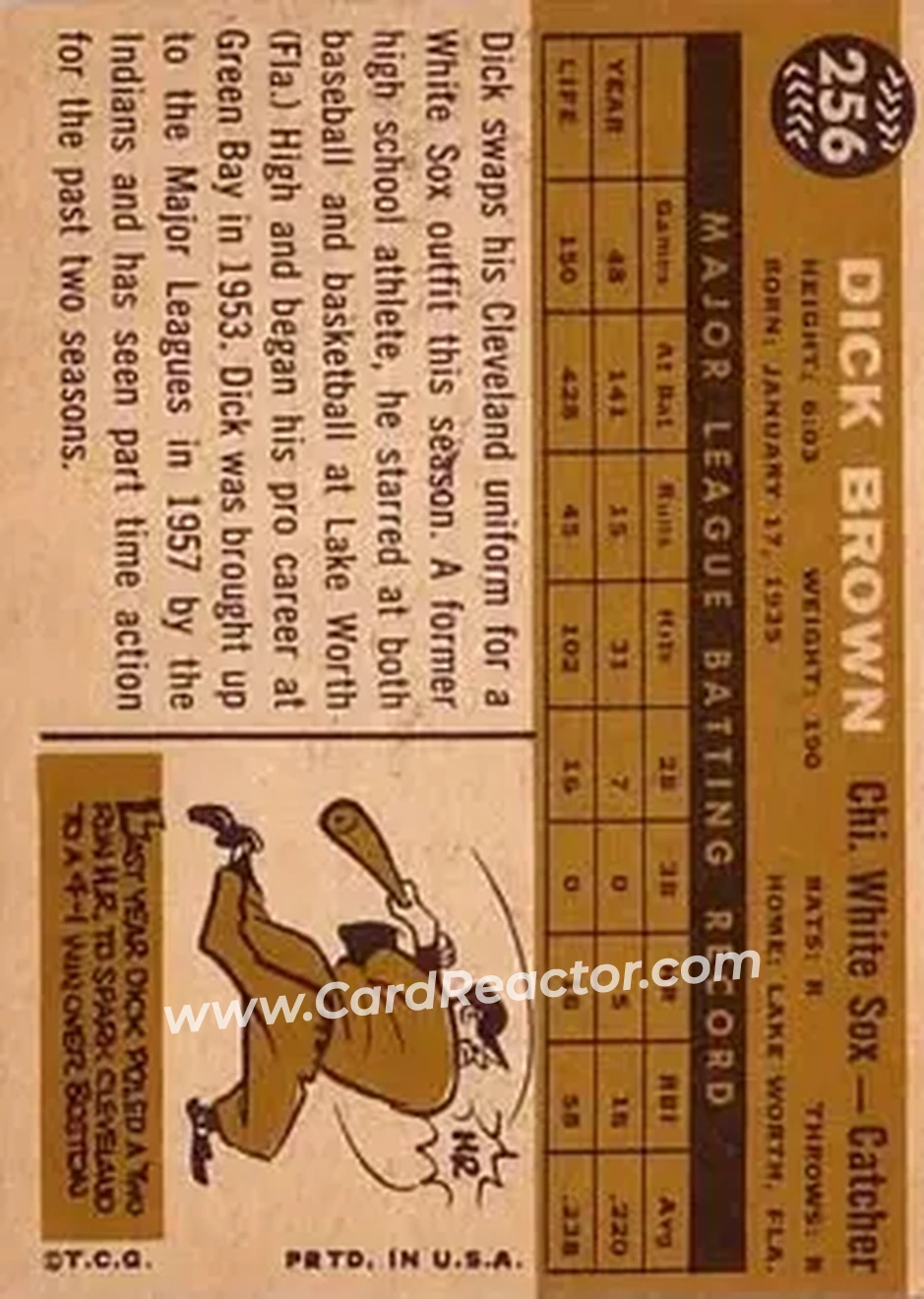 1960 Topps #256 - Dick Brown - Chicago White Sox - Back 1960 Topps #256 - Dick Brown - Chicago White Sox - Back